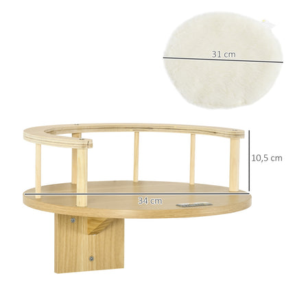 Lit Pour Chat Pour Chaise Longue Pour Chat À Montage Mural Avec Bord De Protection Et Coussin, Chêne + Blanc Crème, Ø34X10,5 Cm