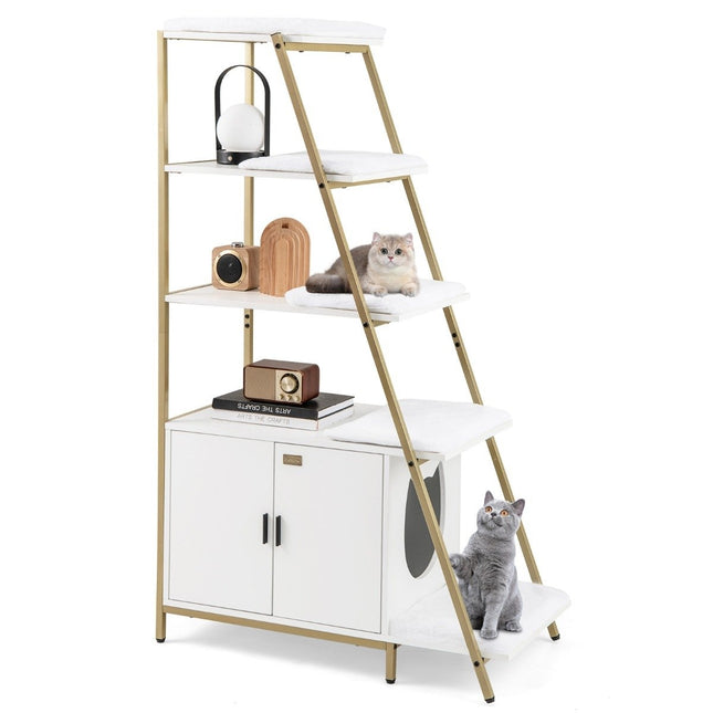 Meuble pour chat avec étagère échelle pour bac à litière, blanc