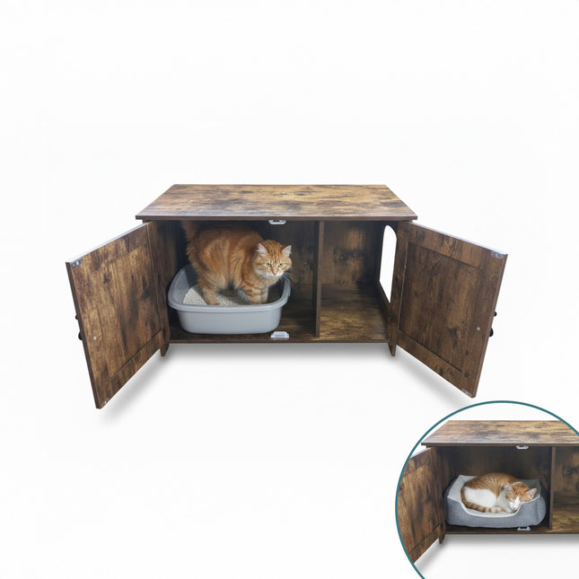 Meuble pour chat avec cachette pour bac à litière et ventilation