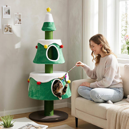Arbre à chat de Noël avec niches et jouets, 156 cm