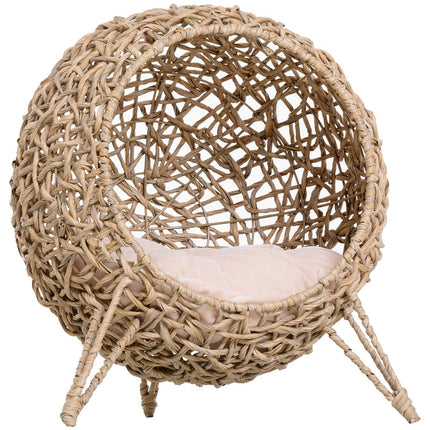 Niche Pour Chat En Rotin Pe Avec Coussins, Zone De Couchage Pour Chat, Grotte Pour Chat Avec Pieds Surélevés, Naturel, Ø52 X 58 Cm