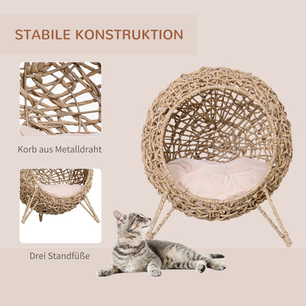 Niche Pour Chat En Rotin Pe Avec Coussins, Zone De Couchage Pour Chat, Grotte Pour Chat Avec Pieds Surélevés, Naturel, Ø52 X 58 Cm