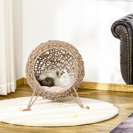 Niche Pour Chat En Rotin Pe Avec Coussins, Zone De Couchage Pour Chat, Grotte Pour Chat Avec Pieds Surélevés, Naturel, Ø52 X 58 Cm