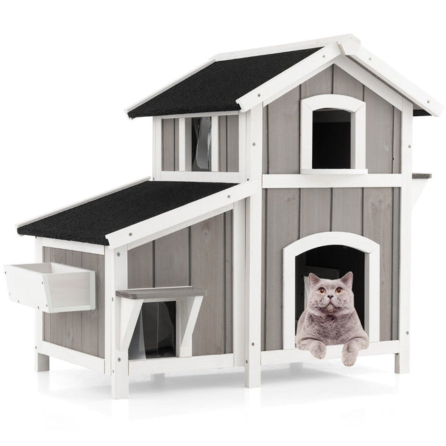 Niche pour chat d'extérieur à deux étages avec toit en asphalte Gris 100 x 64 x 82,5 cm