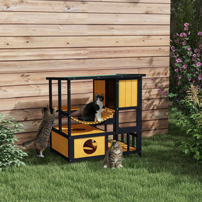 Katzenhaus aus Holz für draußen - wasserdicht, für 1-2 Katzen, gelb