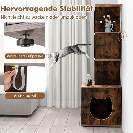 Katzenkloschrank mit Bücherregal, 60x45,5x142 cm, Braun