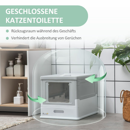 Katzentoilette mit Deckel, Schaufel und Geruchsentferner, Kunststoff, weiß/grau