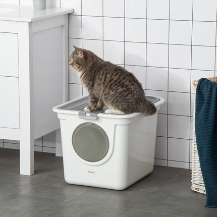 Bac À Litière Pour Chat Avec Couvercle, Bac À Litière Avec Pelle, Jusqu'À 5 Kg, Intérieur, Plastique, Gris+Blanc, 44X55X39Cm