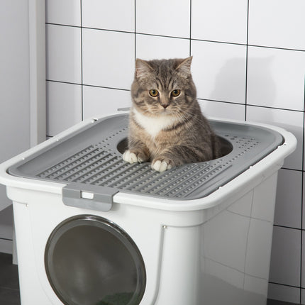 Bac À Litière Pour Chat Avec Couvercle, Bac À Litière Avec Pelle, Jusqu'À 5 Kg, Intérieur, Plastique, Gris+Blanc, 44X55X39Cm