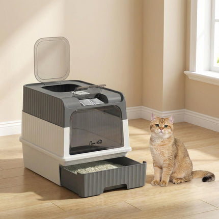 Bac à litière pour chat avec couvercle, tiroir et sortie par le haut, 48 L