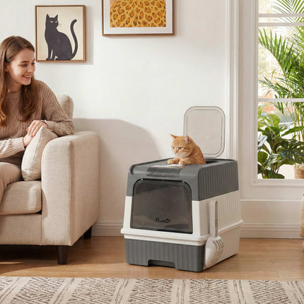 Bac à litière pour chat avec couvercle, tiroir et sortie par le haut, 48 L