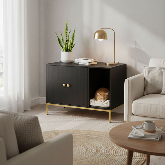 Armoire à litière pour chat, aspect bois, structure en métal, 2 portes