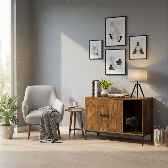 Meuble à litière pour chat - Effet bois, structure en métal, modèle à 2 portes