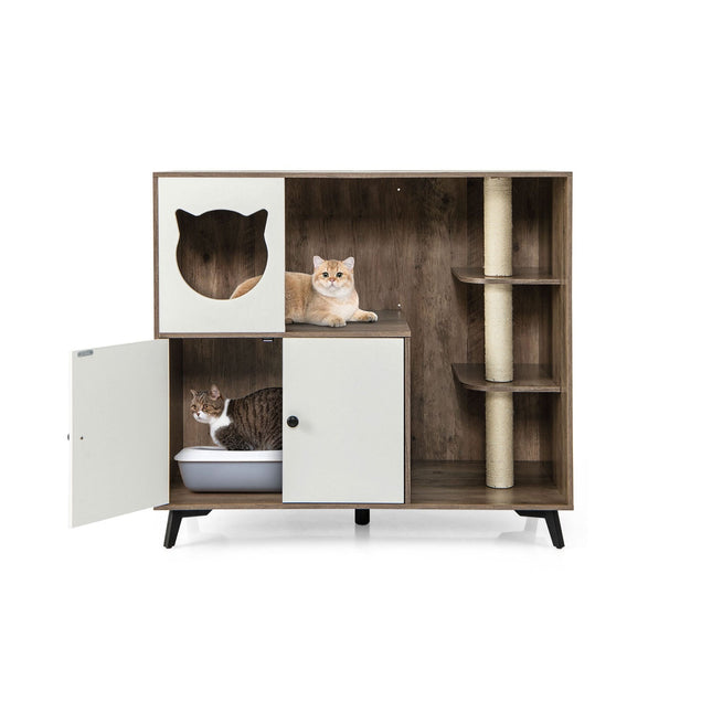 Katzenklo-Schrank mit 3 Sisal-Kratzstämmen, Grau/Weiß