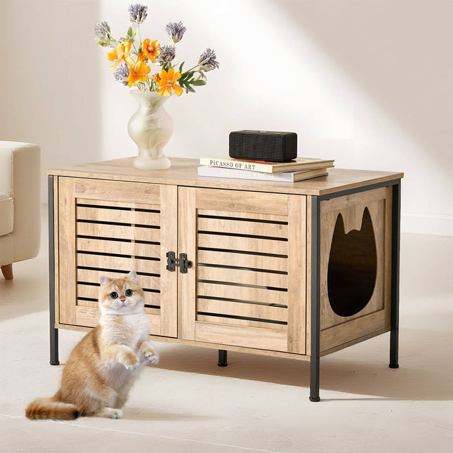 Meuble à litière pour chat avec entrée en forme de tête de chat, effet bois