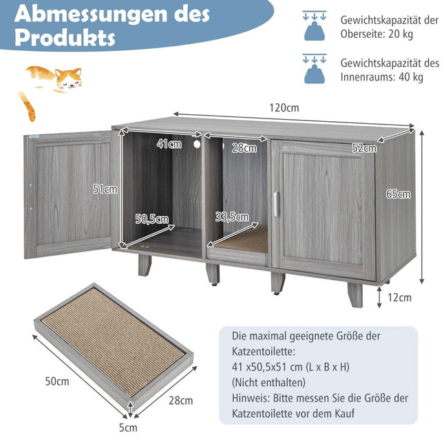 Meuble à litière pour chat avec griffoir et deux portes, gris