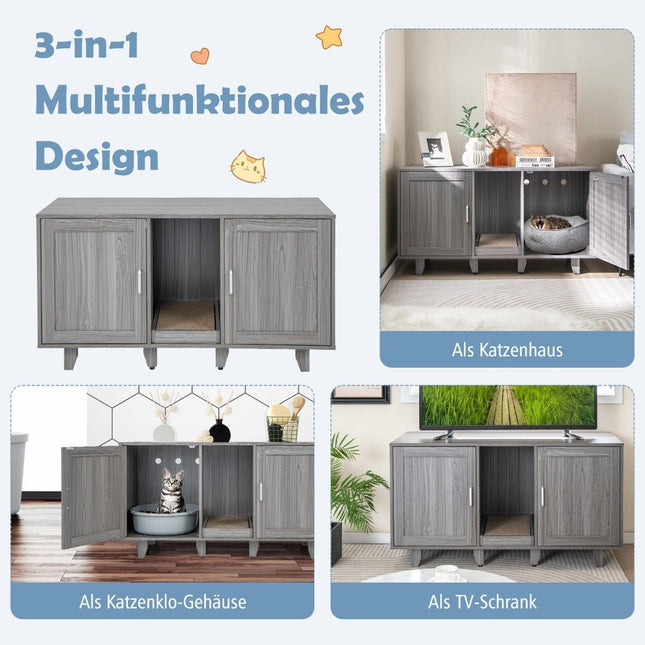 Meuble à litière pour chat avec griffoir et deux portes, gris