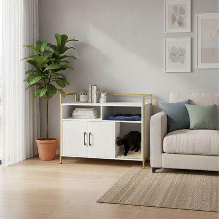 Meuble à litière pour chat avec rangement et tapis de litière