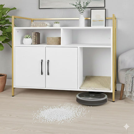 Meuble à litière pour chat avec rangement et tapis de litière