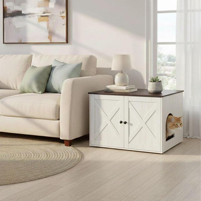 Meuble à litière pour chat avec ventilation, aspect bois
