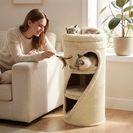 Cat Scratching Barrel 75 cm with 3 Caves and Washable Bed, Ø 35 cm, Beige