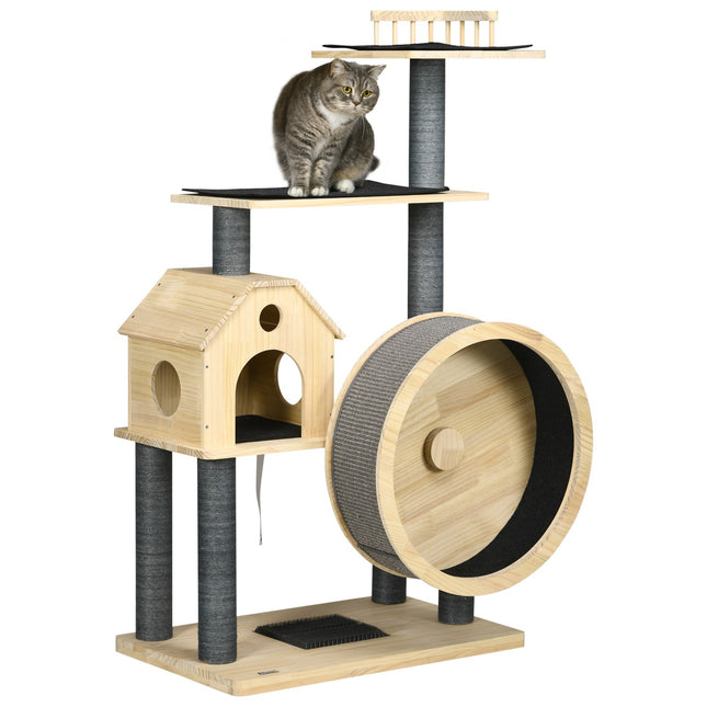 Katzenkratzhaus auf Rädern, Sisal, Kiefer, 4 Etagen