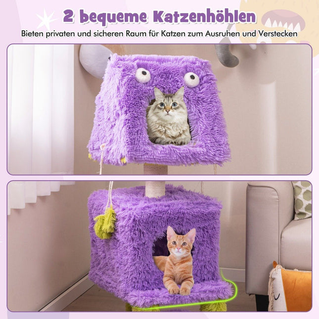 Arbre à chat sur le thème des monstres, petit arbre à chat de 111 cm avec 2 grottes à chat et dessus amovible violet