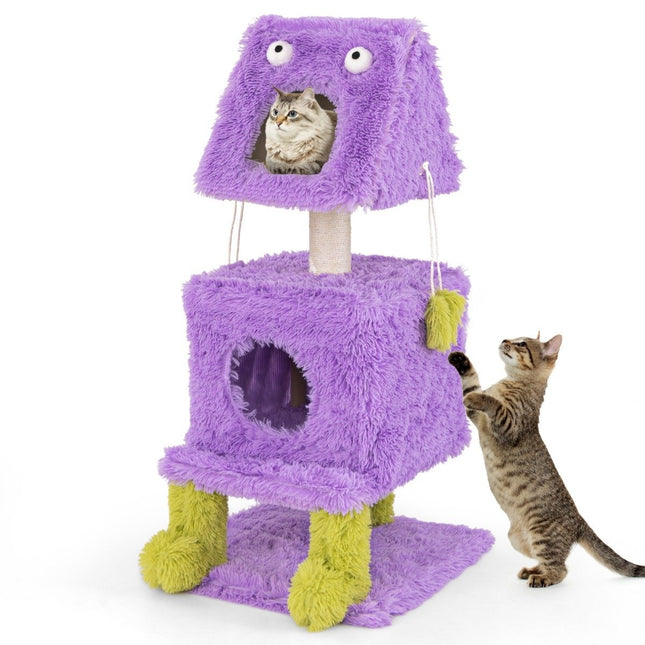 Arbre à chat sur le thème des monstres, petit arbre à chat de 111 cm avec 2 grottes à chat et dessus amovible violet