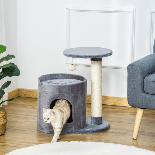 Arbre À Chat Avec Grotte Pour Chat Et Balle Jouet, Poteaux À Gratter En Corde De Sisal, Gris, 55 X 36 X 59 Cm
