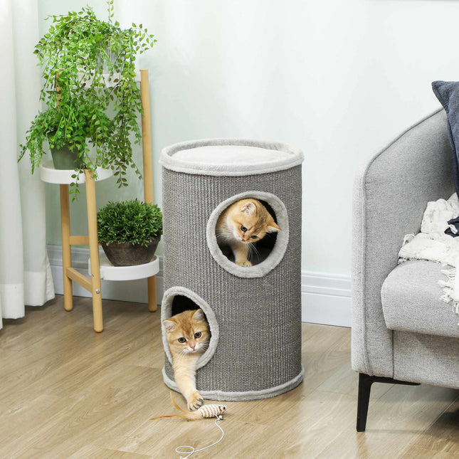 Katzenkratzbaum, 2 Ebenen, Sisal & Plüsch, Hellgrau
