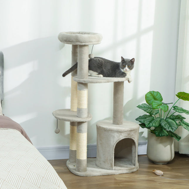 Katzenkratzbaum 114 cm, Sisalstämme, mehrere Ebenen, Hellgrau