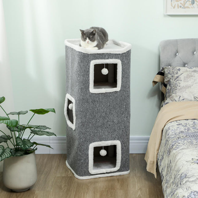 Katzenkratzbaum mit 3 Höhlen, Grau, Spanplatte, Spielbälle