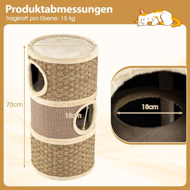 Katzenkratzbaum mit Sisal, Seegras, 3 Verstecken, Ø 36 cm