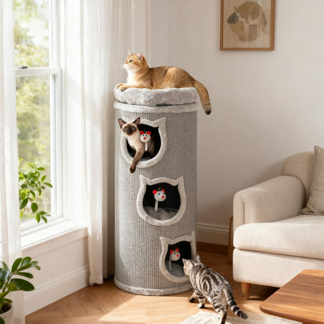 Arbre à chat avec lit lavable, 96 cm, 3 cachettes, gris