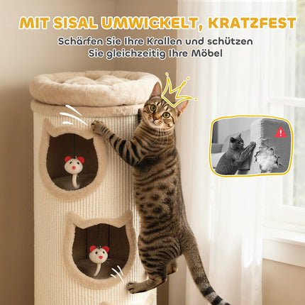 Katzenkratzbaum mit waschbarem Bett, 96 cm, 3 Höhlen, Grau