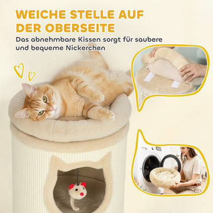 Katzenkratzbaum mit waschbarem Bett, 96 cm, 3 Höhlen, Grau