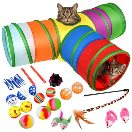Ensemble de jouets pour chat comprenant un tunnel, une canne à pêche, des balles et des souris – 24 pièces