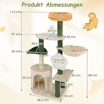 Arbre à chat 114 cm avec grotte et siège fleuri - Vert/Beige