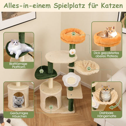 Arbre à chat 114 cm avec grotte et siège fleuri - Vert/Beige