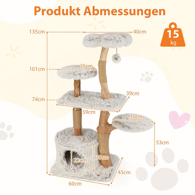 Arbre à chat 135 cm avec grotte, siège moelleux et griffoirs