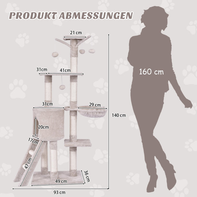 Arbre à chat 140 cm avec plateformes, poteaux en sisal, beige