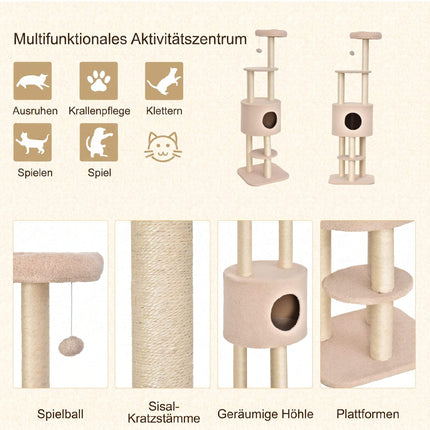 Arbre à chat 148 cm avec grotte, poteaux en sisal, beige