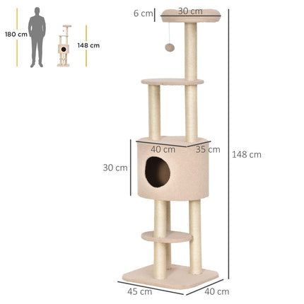 Arbre à chat 148 cm avec grotte, poteaux en sisal, beige
