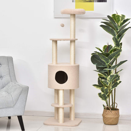 Arbre à chat 148 cm avec grotte, poteaux en sisal, beige