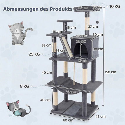 Katzenbaum 158cm mit Hängematte und Kratzbäumen, Dunkelgrau