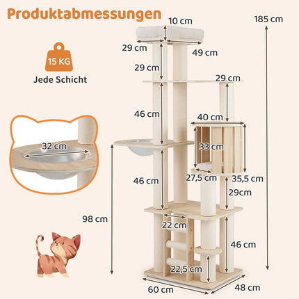Arbre à chat 185 cm avec poteaux épais, cachette et capsule