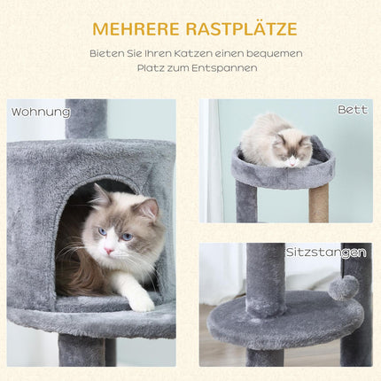 4-stöckiger Katzenbaum, Plüschhöhle, Sisalkratzstämme, Spielbälle