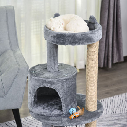 4-stöckiger Katzenbaum, Plüschhöhle, Sisalkratzstämme, Spielbälle