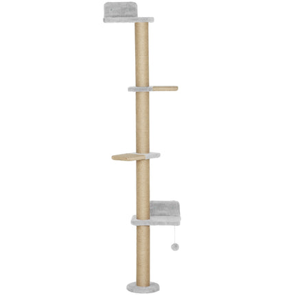 Arbre à chat, 5 niveaux, poteaux en sisal, tissu peluche, gris clair