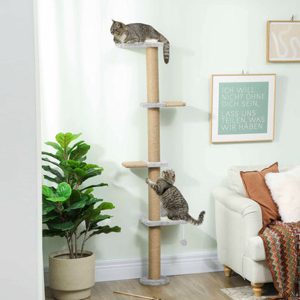 Arbre à chat, 5 niveaux, poteaux en sisal, tissu peluche, gris clair